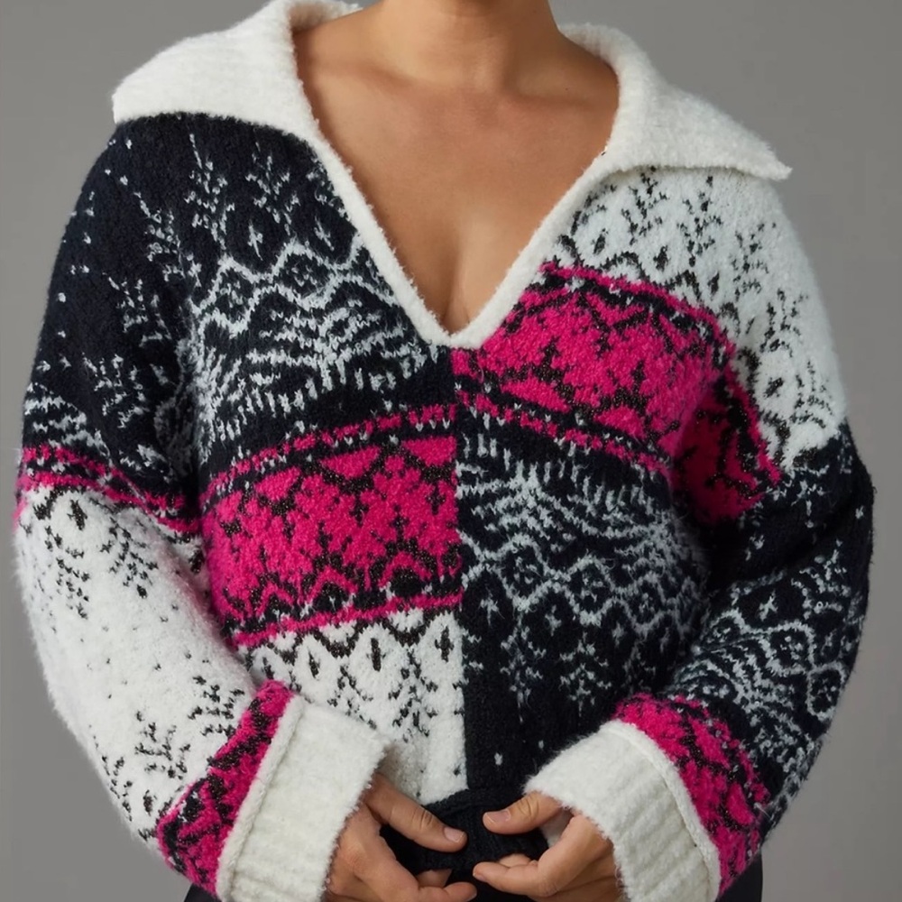 NWT Anthropologie Pilcro V-Neck Fuzzy Printed Popover Sweater